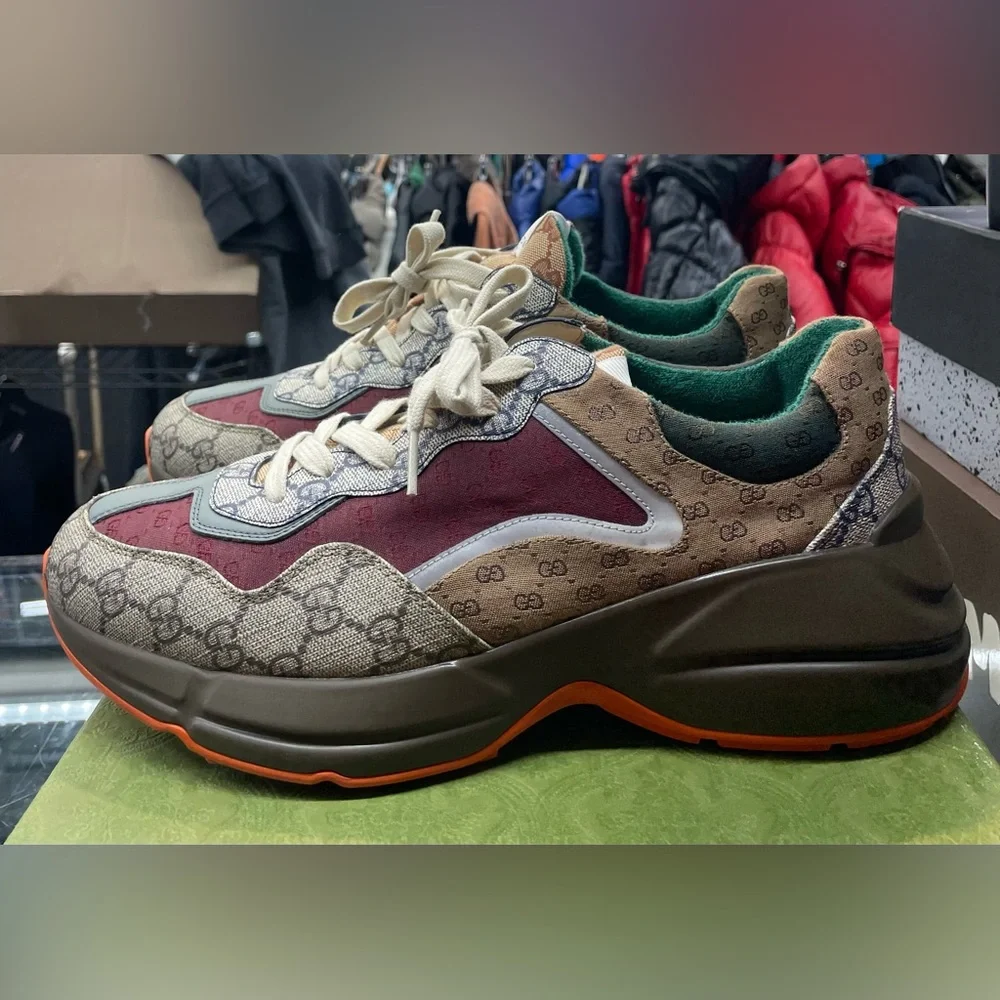 Gucci Brown Monogram Burgundy Green Accent Sneakers